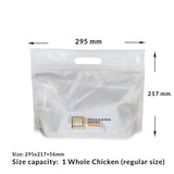Front view of an empty white chicken bag