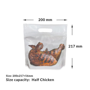 Roast chicken packed in a white chicken bag