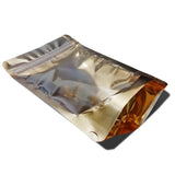 Gold stand up pouch clear glossy left side view