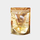 Gold stand up pouch with transparent front glossy