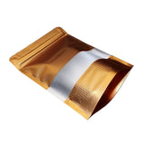 Gold stand up pouch embossed left side profile view