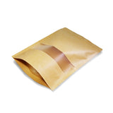 Brown kraft stand up pouch window matte right side profile view