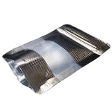 Silver stand up pouch embossed right side profile view