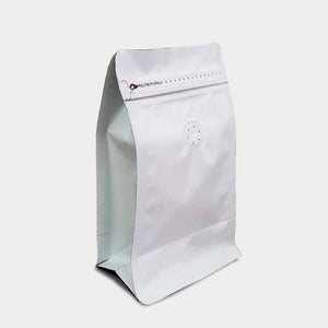 White coffee gusset bag quad seal with zip lock