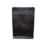 Front view of a matte black gusset bag with zip lock 