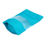 Blue green stand up pouch window empty right side view