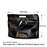 Front view of an empty black chicken bag