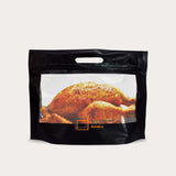Roast chicken packed in a matte black chicken bag box window