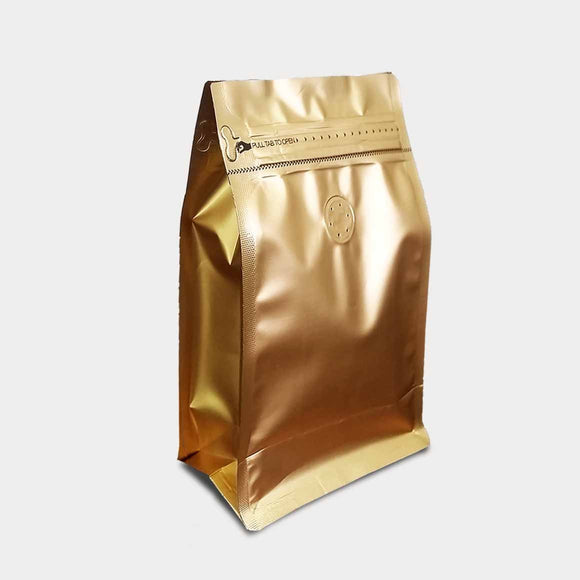 Gold coffee gusset bag quad seal with zip lock