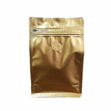 Gold coffee gusset bag with valve close up view