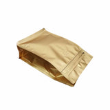 Gold coffee gusset bag with view of zip lock