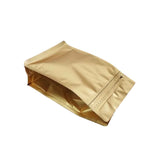 Zip lock view of a matte gold gusset bag