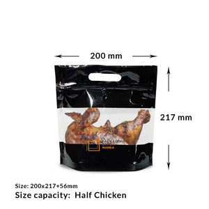 Roast chicken packed in a black chicken bag window