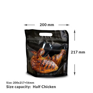 Roast chicken packed in a black chicken bag