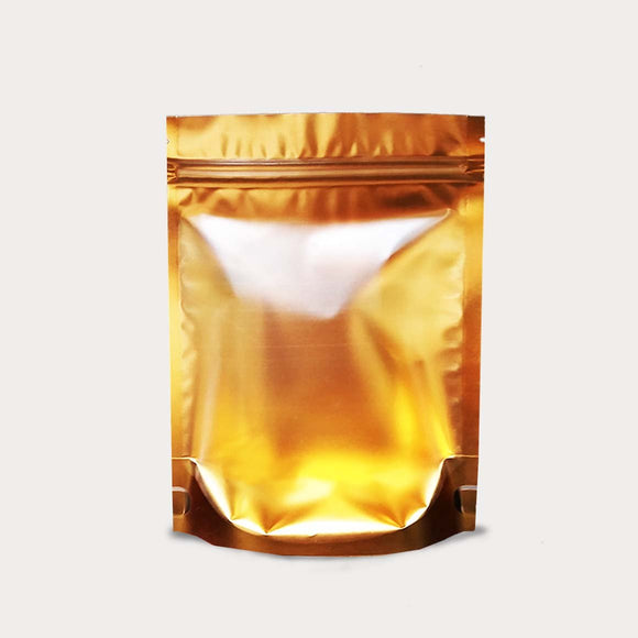 Gold stand up pouch with transparent front matte