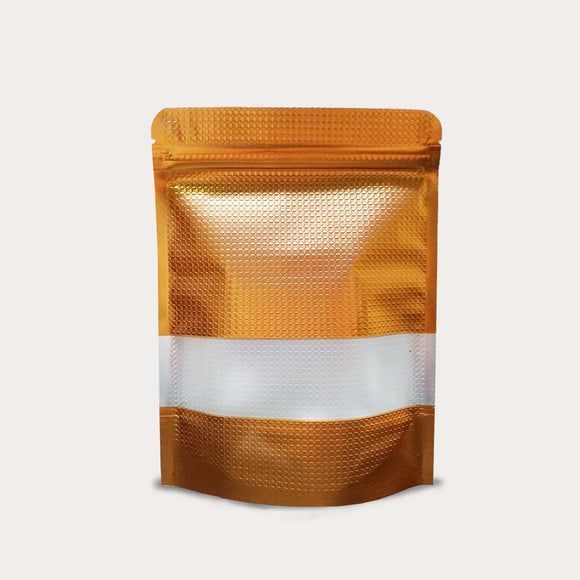 Gold stand up pouch embossed with window