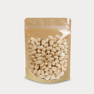 Clear front and kraft stand up pouch with nuts inside