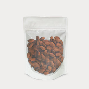 Stand up pouch clear and white with almonds