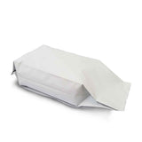 Sealed white gusset bag lying on its back