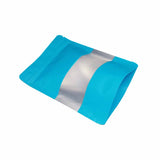 Blue stand up pouch window foil left side view