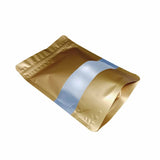Gold stand up pouch window foil left side view