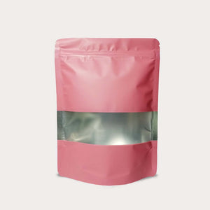 Pink stand up pouch window with vmpet