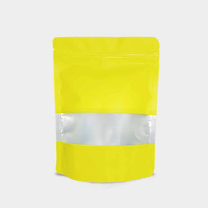 Yellow stand up pouch window with vmpet